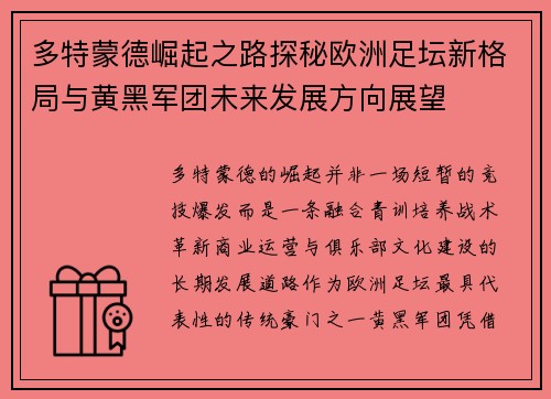 多特蒙德崛起之路探秘欧洲足坛新格局与黄黑军团未来发展方向展望